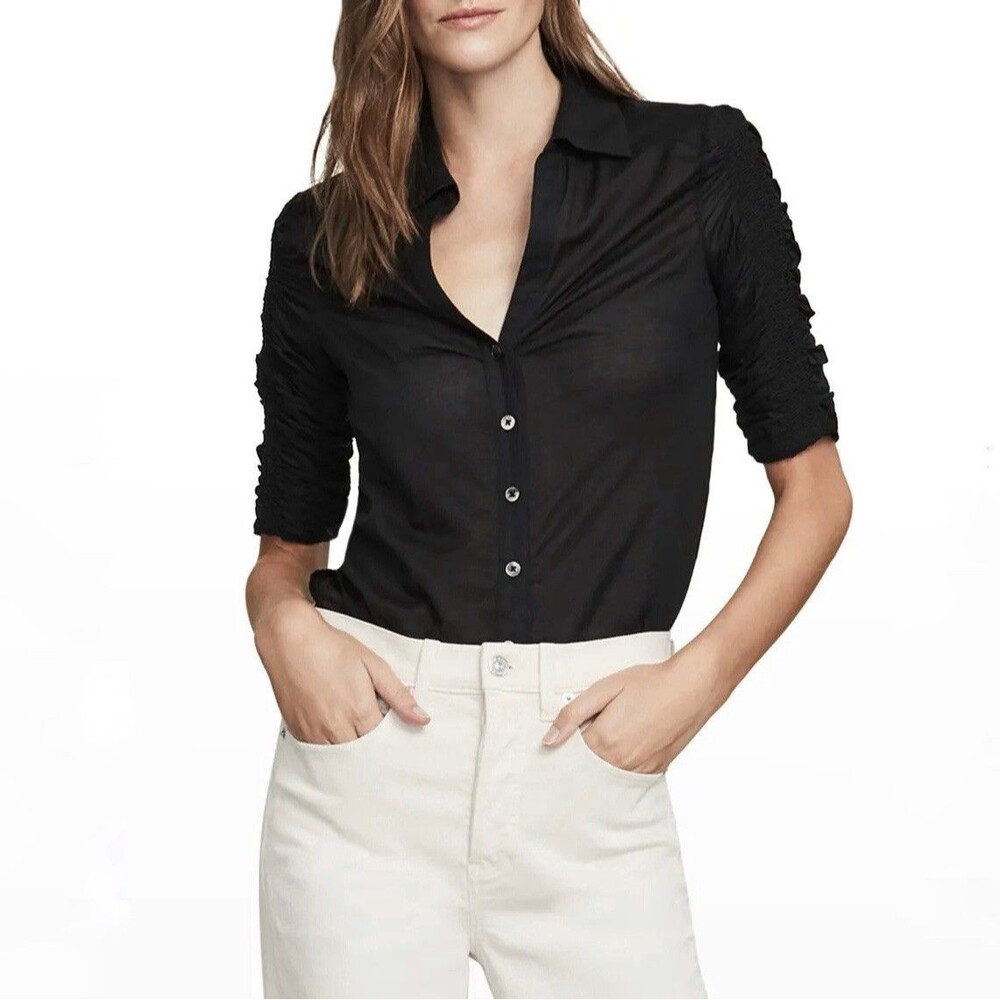 VERONICA BEARD Porta Ruched Cotton Button-Front Shirt in Black Size XS